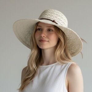 Women's Cream Straw Sun Hat with Brown Accent Band